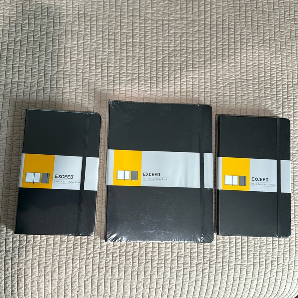 Set of New Black Exceed Ruled Books. 2-hardcover 5”x8 1/4”1- softcover 7 1/2”x9